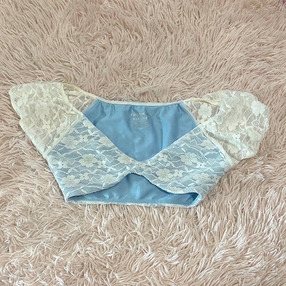 Frankie’s bikinis Blue and White Lace Crop bikini top